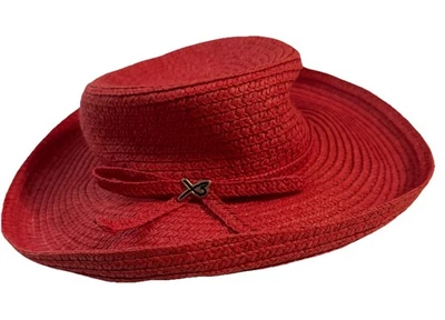 Chapéu de Sol Feminino Vintage Betmar New York Papel Vermelho Palha Aba Larga LOGOTIPO de Praia - Imagem 1 de 4