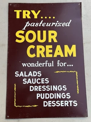 Letrero publicitario vintage de metal CREMA AGRIA Country Store de los años 50 granja lechera comestibles Foto 1 de 4