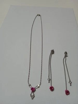 Parure collana e orecchini colore argento con rose rosa donna - Immagine 1 di 4