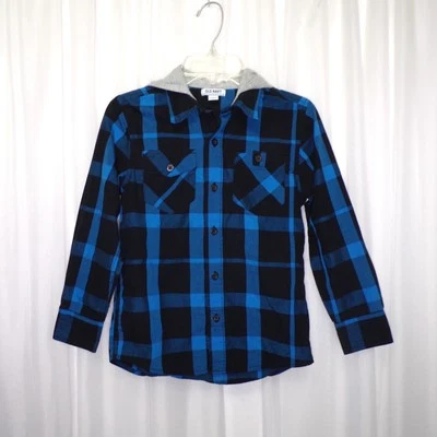 Old Navy Boys Plaid Button Up Shirt Hoodie Size Small Blue Black Pockets School - Image 1 of 4