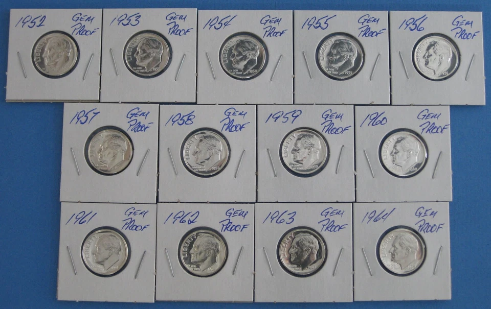 1952 1953 thru 1963 & 1964 Silver Gem Proof Roosevelt Dime 13 coin Set - Image 1 of 1