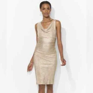 Lauren Ralph Lauren Gold Cowlneck Embellished Strap Sheath Cocktail Dress Size 6 - Picture 1 of 12