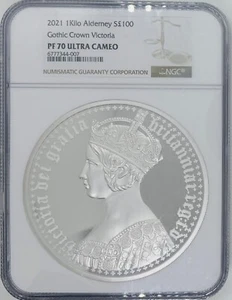 2021 Alderney Gothic Crown Victoria Kilo Silver NGC PF-70 UCAM - Picture 1 of 4