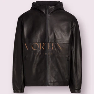 Men's Black Classic Leather Handmade Hoodie Genuine Lambskin Leather Hoodie - Picture 1 of 6