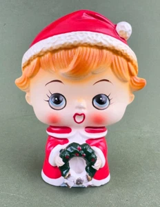 50's Lipper & Mann Japan Ceramic Big Head Christmas Caroler Figurine Wreath - Picture 1 of 8