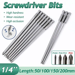 Extra Long 50-200mm Phillips Cross Head 1/4" Hex Shank Magnetic Screwdriver Bits - Picture 1 of 51