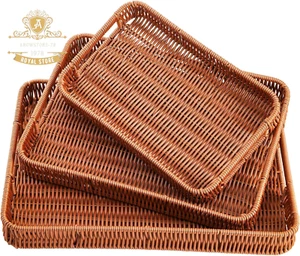 3 Pack Woven Baskets Serving Trays with Handles, Poly Wicker Bread Baskets Recta - Picture 1 of 8