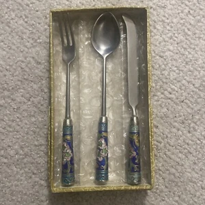 Vintage Chinese Decorative Blue Enamel Cloisonné 3 pc utensils flatware Set - Picture 1 of 5