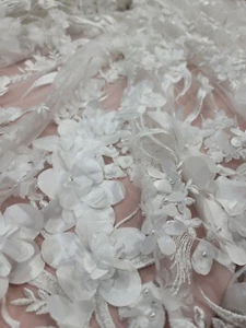Bridal Wedding Fabric Hand Embroidery Satin Flower 3D Lace Pearls By The Yard - Picture 1 of 10