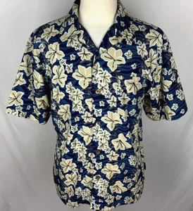 VTG JIMMY Z Mens MEDIUM Blue Tan HIBISCUS Floral Button Up Hawaiian Shirt - Picture 1 of 7