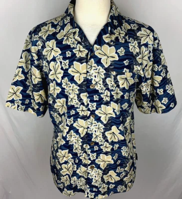 VTG JIMMY Z Mens MEDIUM Blue Tan HIBISCUS Floral Button Up Hawaiian Shirt - Image 1 of 4