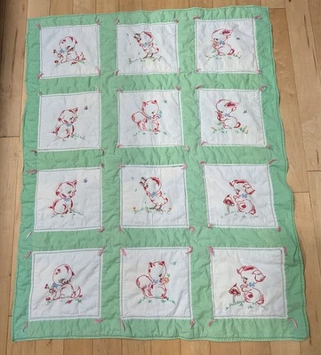 Vtg 1950's Embroidered Baby Quilt Bunnies Puppies Kittens Ducks Pigs - Image 1 of 4