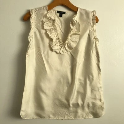 J Crew Womens Silk Shirt 4 Cream Ruffle Scoop Neck Sleeveless Pullover - Image 1 of 4