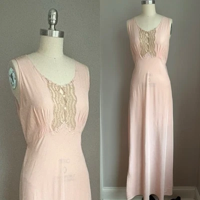 Vintage 30’s 40’s Pink Bias Cut Rayon & Ecru Lace Nightgown Slip Dress Small - Image 1 of 4