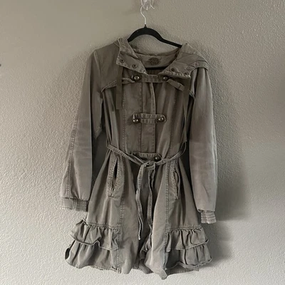 Anthropologie Idra Coat Womens 8 Green Military Belted Hooded Frill Force Ruffle - Image 1 of 4