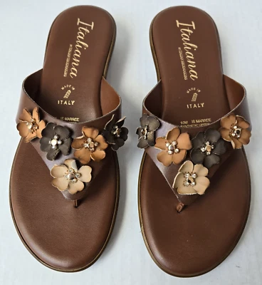Italian Shoemakers Womens Sandals Brown Thong Flats Flowers Accents Size 10 - Image 1 of 4