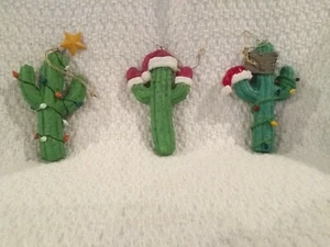 Set of 3 - Catcus Christmas Tree Ornaments - 2 w/Christmas Lights -2 w/Santa Hat - Picture 1 of 5