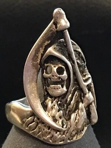Vtg '85 Gordon Smith Sterling Silver Grim Reaper Gothic Biker Scull Ring Sz 10.5 - Picture 1 of 12