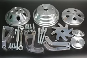Small Block Chevy Polished Aluminum Bracket & Pulley Kit Long Water Pump 350 400 - Foto 1 di 2