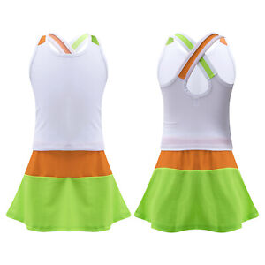 Kids Girls Sport Suit U Neck Open Upper Back Vest Skirt Set for Dance Gymnastics
