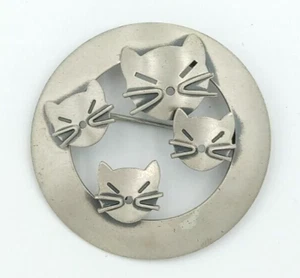 Vintage c. 1950 Beau Brushed .925 Sterling Silver Kitty Cat Cats Pinback Brooch - Picture 1 of 5