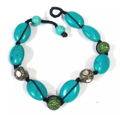 1.90ct Polki Rose Cut Diamond 925 Silver Tsavorite Turquoise Shambhala Bracelet - Image 1 of 4
