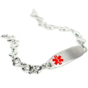 Medical ID Bracelet Heart CZ Stone Chain Stainless Steel Custom Engraved 8.5in - Picture 1 of 5