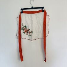 Vintage MCM Hostess Half Apron White Embroidered Floral Orange Fall Autumn
