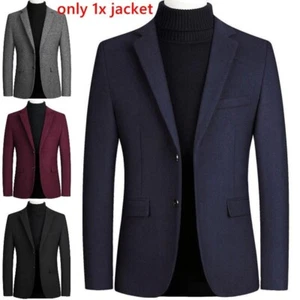 Men Woolen Blend Suit Jacket Coat Blazer Two Button Slim Fit Business Party - Picture 1 of 15