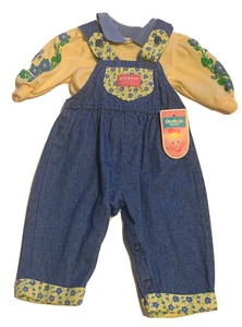 Vintage 2 Stck. OshKosh B'Gosh Mädchen Gr. 3-6 Monate Denim Overalls Blumenmuster Rückenschleife USA - Bild 1 von 20