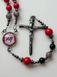 Tampa Bay Buccaneers Rosary Necklace Red Gray Jade & Black Onyx Gemstone Beads - Picture 1 of 11