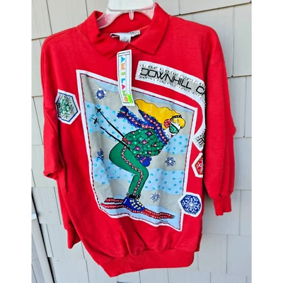 New A'MILANO 3/4 Sleeve Sequined Shirt Bling Gaudy 80's Downhill Skier Sz L Ugly - Image 1 of 4
