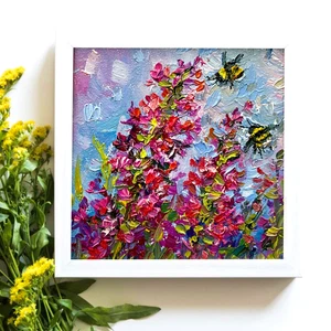 Wildflowers Honey Bees Floral Art Small Framed Original Oil artwork 4x4in - Picture 1 of 10