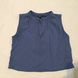 DKNY Blue Textured Cotton Blend Sleeveless V Neck Collar Top Shirt Women's Large - Picture 1 of 5