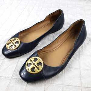 Tory Burch Women's Size 9 Leather Flats Navy Blue Shoes Gold Logo - Picture 1 of 11