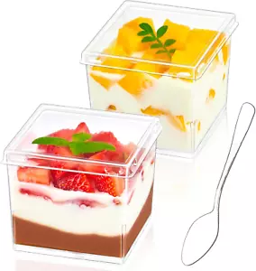 50 Pack 5 Oz Mini Square Dessert Cups with Lids and Spoons Clear Plastic Parfait - Picture 1 of 1