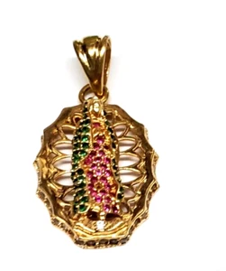 18K Yellow Gold Virgin/Mother Mary Red/Green/Clear Stone Pendant 1 stone missing - Picture 1 of 10