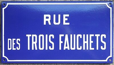 French Enamel Street Sign Plaque Road Name Trois Fauchets Three Rakes Etampes • 84.85$