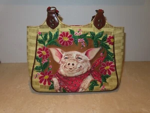 Vintage Isabella Fiore Beaded Pig Purse Shoulder Bag Country Tan Red Bandana - Picture 1 of 7