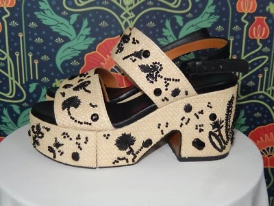Sandalias Robert Clergerie Zapatos Paja Rafia Bordado Cuentas Plataforma 36.5 Foto 1 de 4