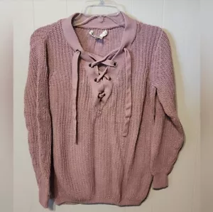 Kaisely Sweater Medium Pink Cable Style Lace Up Front Casual Preppy Boho B225 - Picture 1 of 6