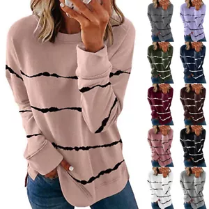 Women Striped Long Sleeve T-Shirt Ladies Round Neck Casual Loose Tops Blouse - Picture 1 of 22