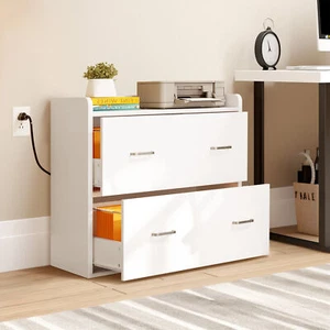 Wood File Cabinet with Charging Station Lateral Filing Cabinet Printer Stand - Picture 1 of 6