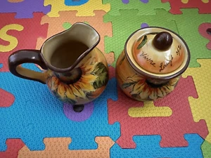 Maxcera Orange Ceramic Sunflower Writing Creamer Sugar Set Hand Painted - Picture 1 of 6