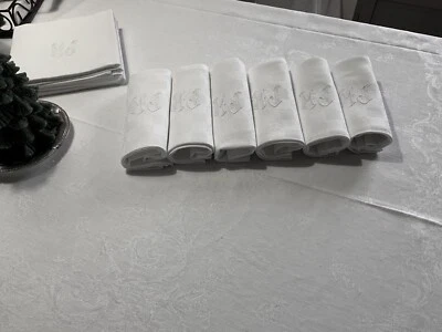 Linge Ancien 5 Serviettes Damassés De Soie Brodé Monogramme M J - Photo 1/4