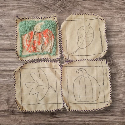 Primitive Rug Hooking Pattern on Monks Cloth- SET OF 4 Fall Leaves & Pumpkins - Image 1 of 3