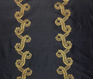 1 PAIR, 2 drapes  Baroque Embroidered Gold Flourishes on 100% Black Silk USA - Picture 1 of 4
