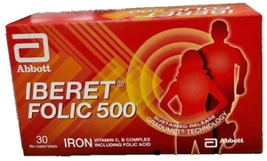 ABBOTT Iberet Folic 500 Iron Support Energy Metabolism & Red Blood 30's - 1 Pack - Picture 1 of 4