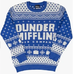 The Office Dunder Mifflin Sweater Blue Gray Christmas Ugly Jumper Size Large - Picture 1 of 6