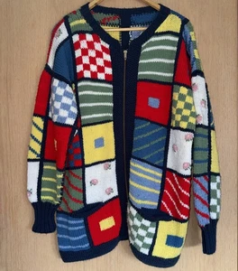 Grobstrick Handstrick Full-Zip Cardigan Pullover Patchwork Color Block Boho Hippie XL - Bild 1 von 9